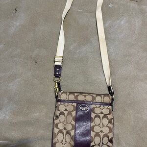 Coach Tan and Brown Crossbody Bag with Leather Trim in Dark Purple